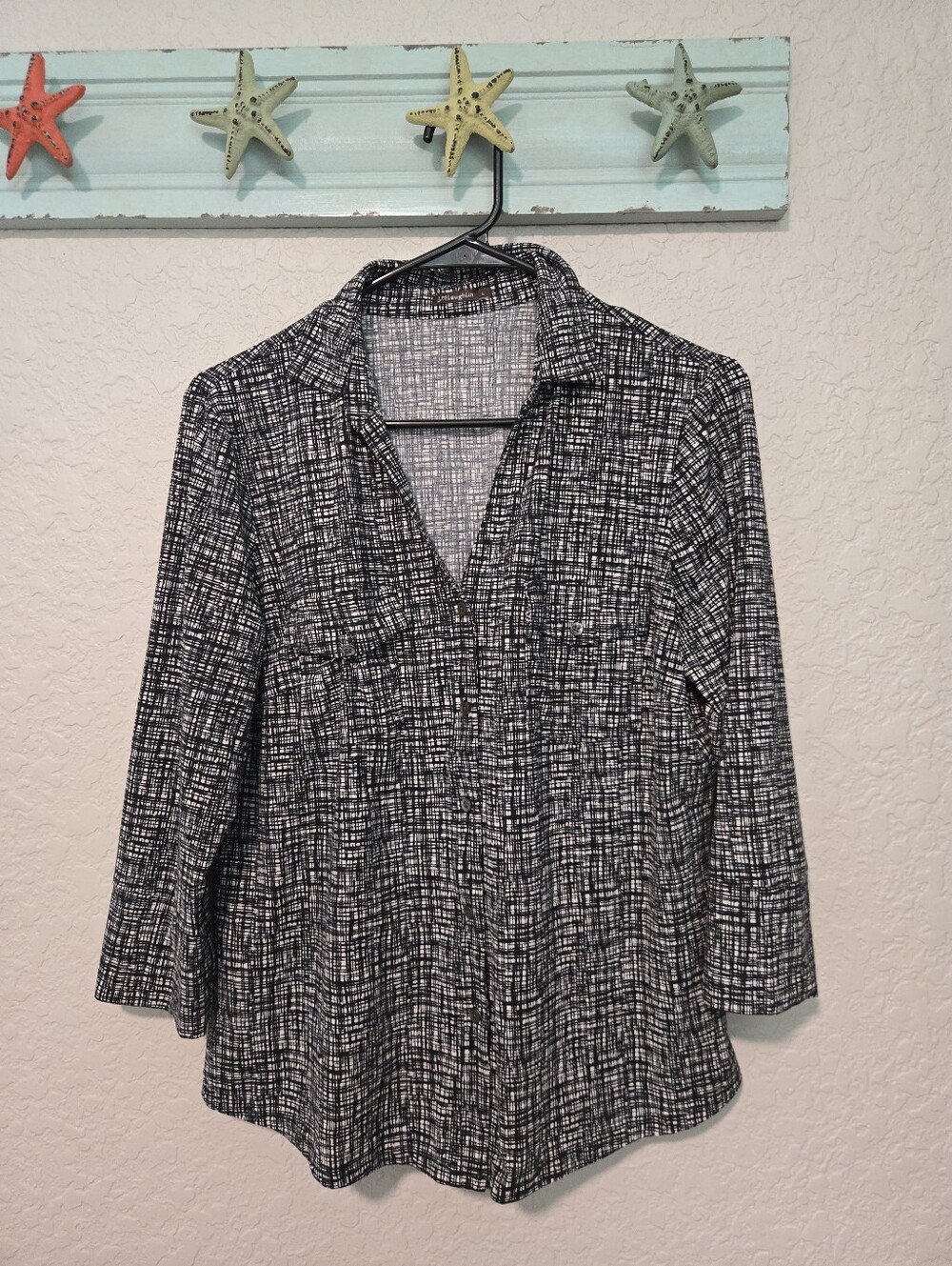 J. McLaughlin Womens Black White Grid Print 3/4 Sleeve Button Up Top Size Large